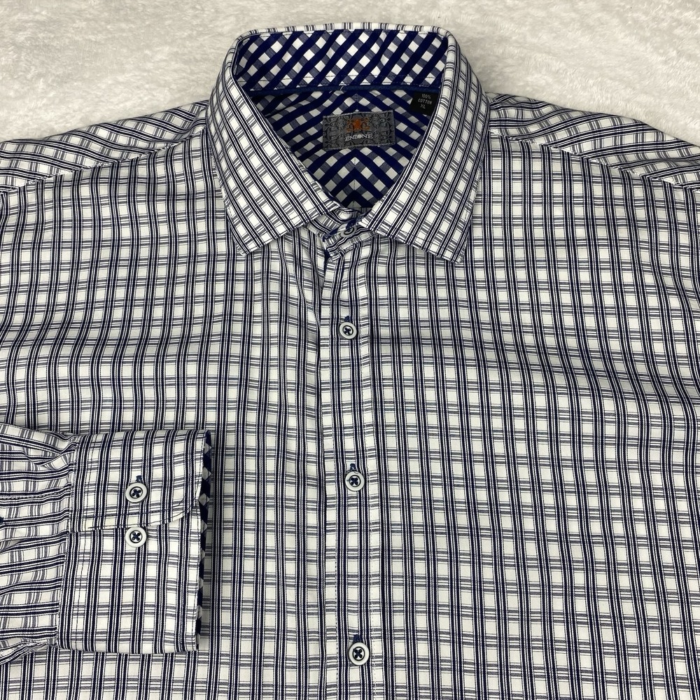 ENZONE Dress Shirt Mens XL Blue/White Checks Contrasting‎ Trim Regular Fit